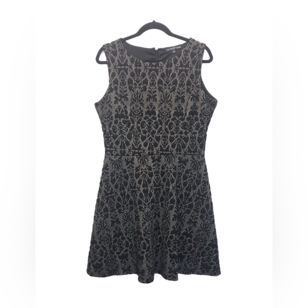 Fifth & Park Dress Women’s Size L Black‎ & Gold Demask Sleeveless A-Line.